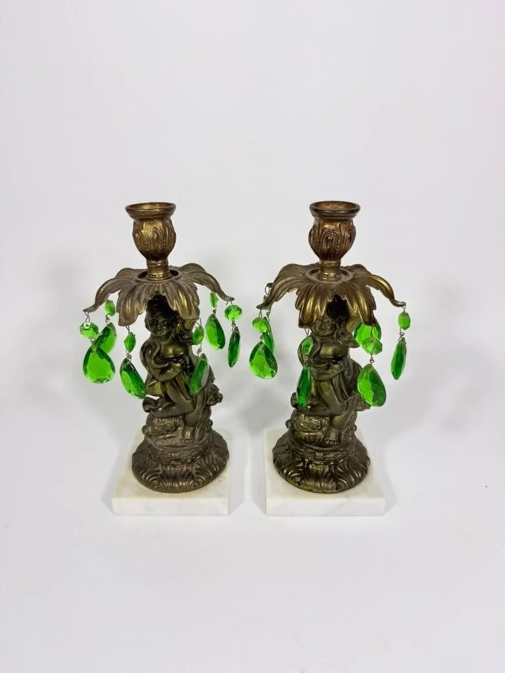 Candle Holders Bronze color Cherub Pair Set 2 Candleabra Italian Marble Bases It